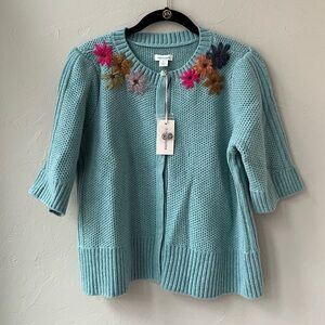 SUNDANCE ANTOINETTE SHORT SLEEVE EMBROIDERED CARDIGAN SWEATER L
